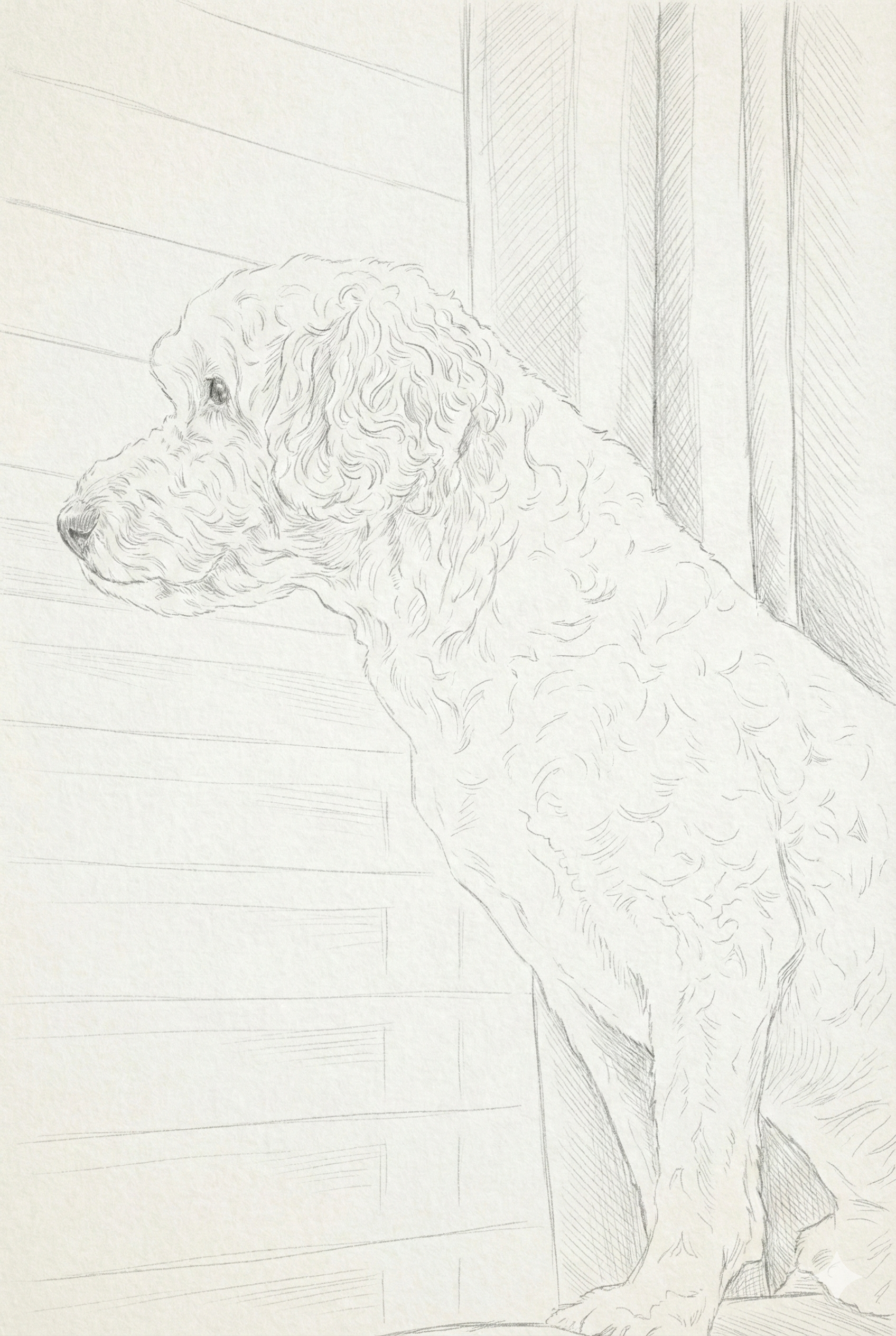 A pencil sketch of a dog looking out a window