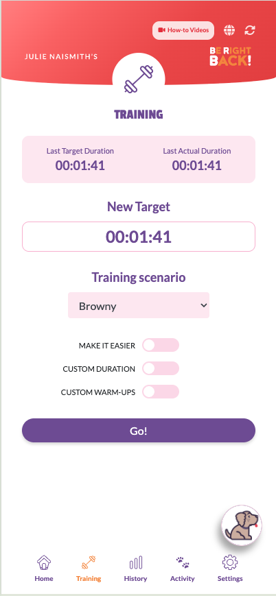 Training setup screen with new target and scenario controls